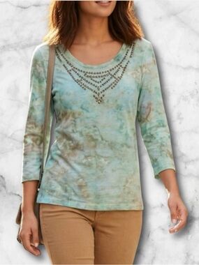Chico’s Zenergy Metallic Stud Embellished Teal Sage Tie Dye Tee Size S